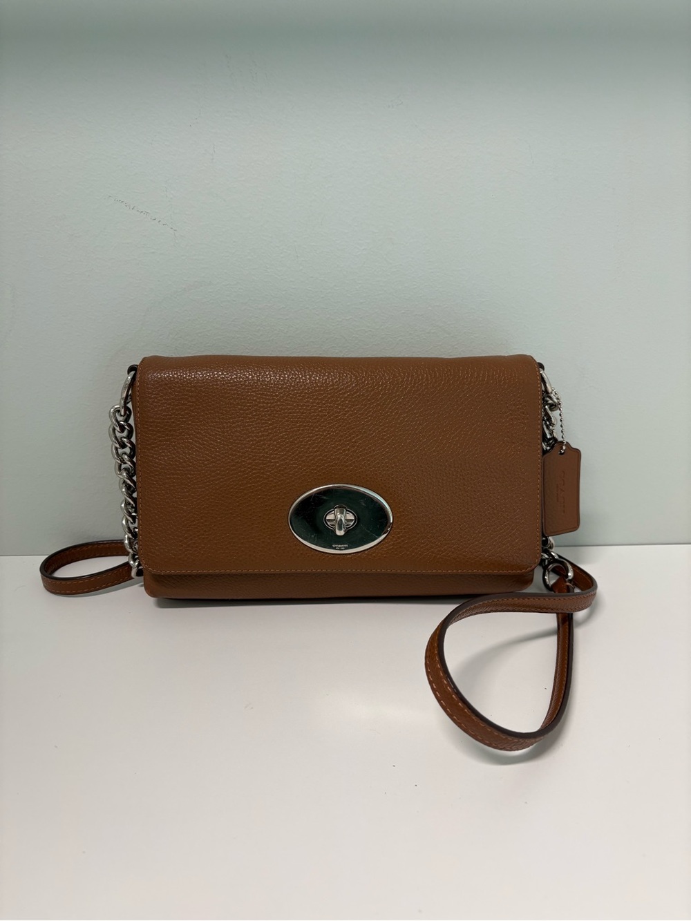 Coach 53083 Pebbled Leather Brown Crosstown Chain Crossbody